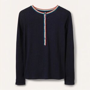 Boden Navy Long Sleeve Top with Multicolor Trim